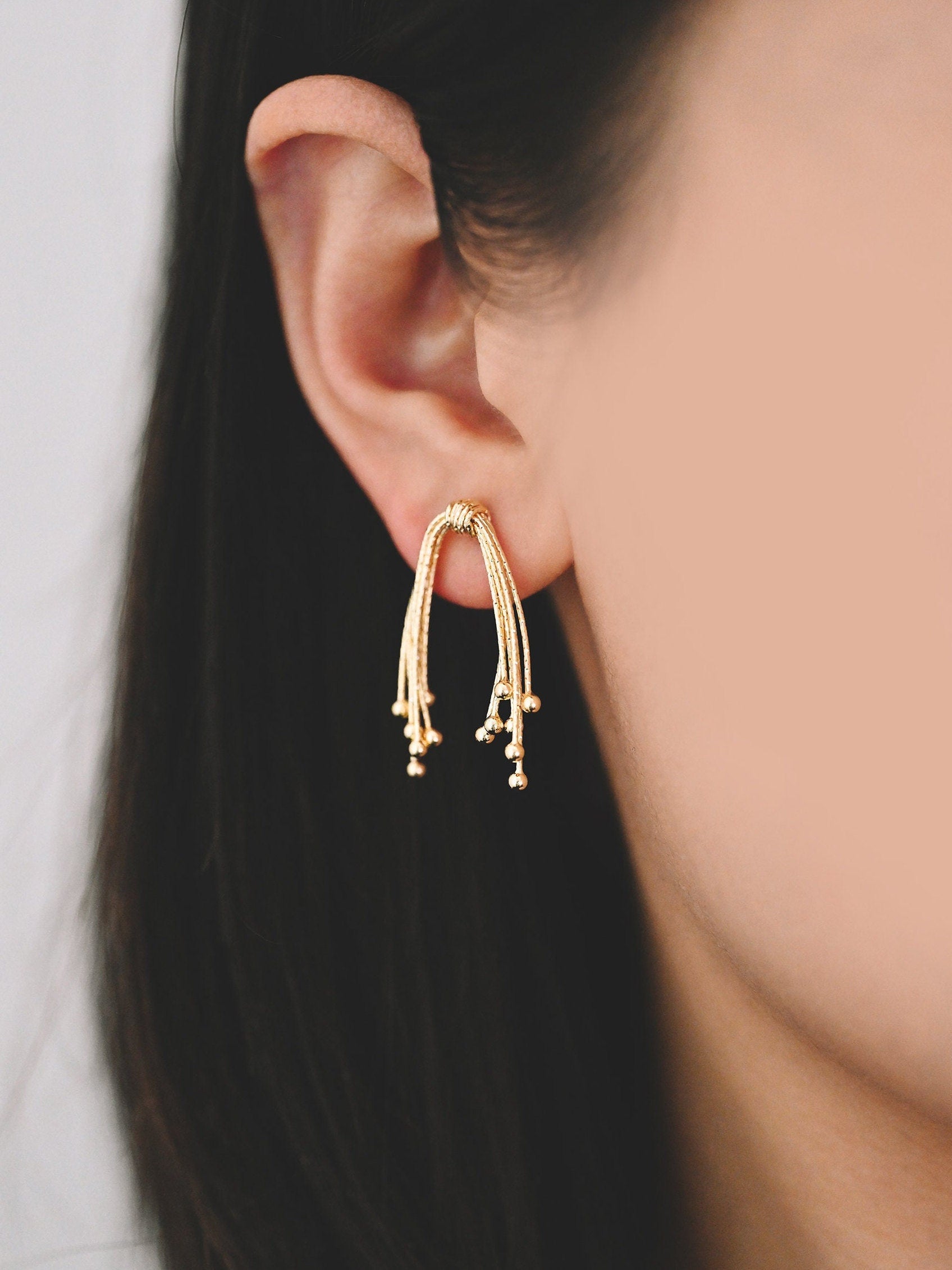 4pcs Gold Fireworks Tassels Earrings, Gold plated Brass, Dainty Drop Earrings (GB-4299)