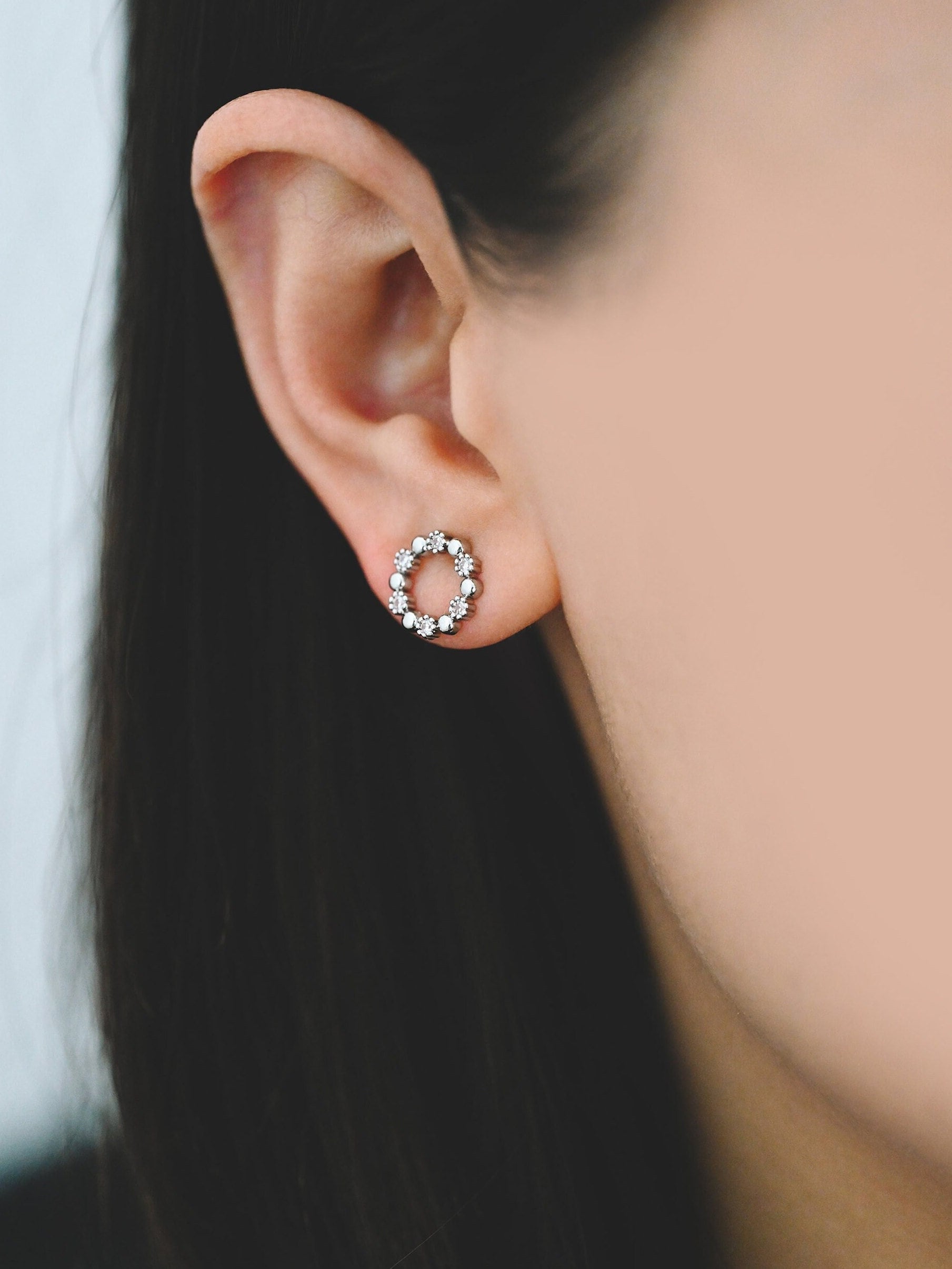 10pcs CZ Pave Gold/ Silver Round Circle Stud Earrings, Gold/ Rhodium plated Brass, 10mm Hoop Stud Earrings (GB-4309)