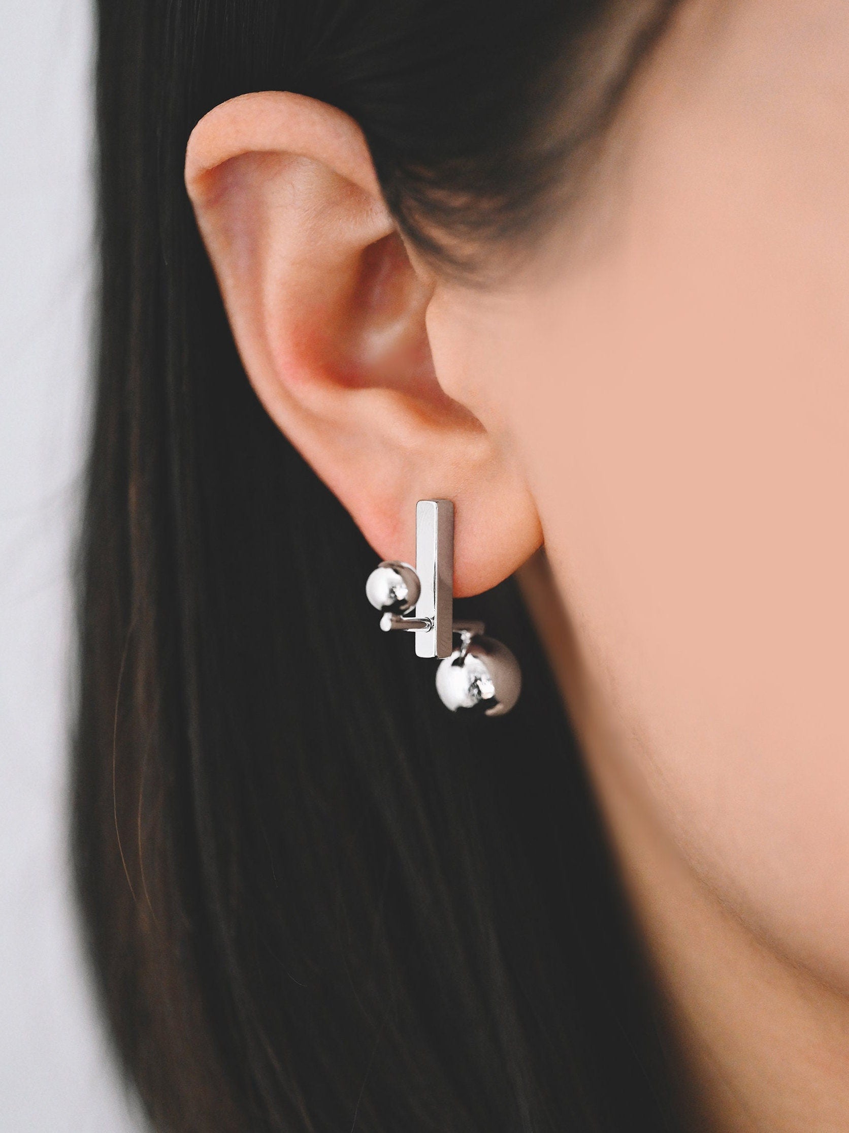 4pcs Gold/ Silver Sphere Bar Earrings, 18K Gold/ Rhodium Plated Brass Geometric Earrings (GB-4313)