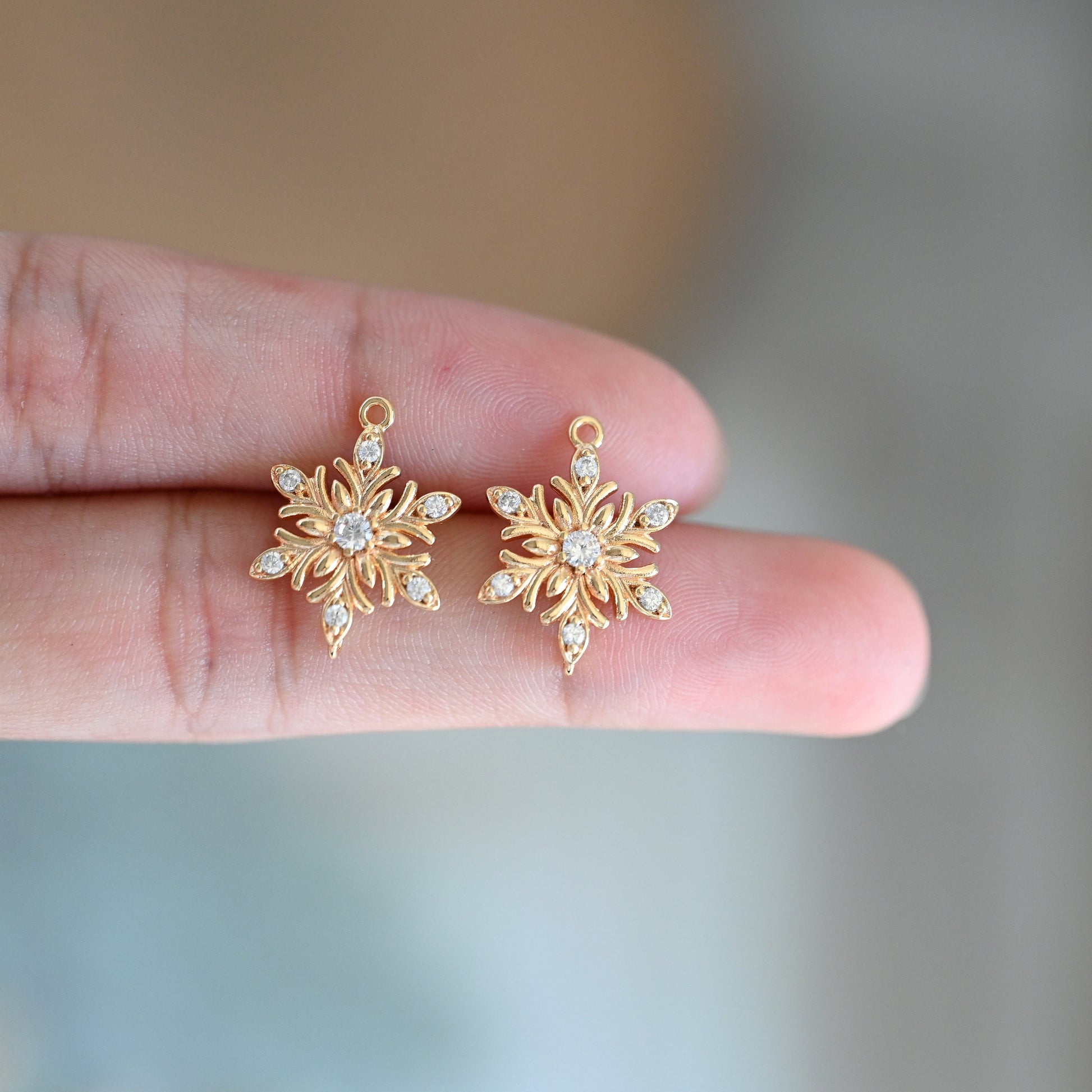 4pcs CZ Pave Gold Snowflake Connectors 18x13.5mm, Rhinestone Flower Charms, Real Gold Plated Brass Findings (GB-3486-L)