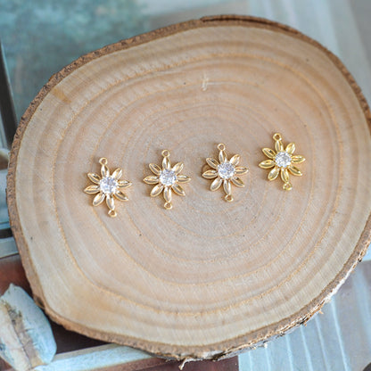 10pcs CZ Pave Gold Flower Charms 12x15mm, 18K Gold plated Brass, Floral Connector Pendants (GB-3780-I)