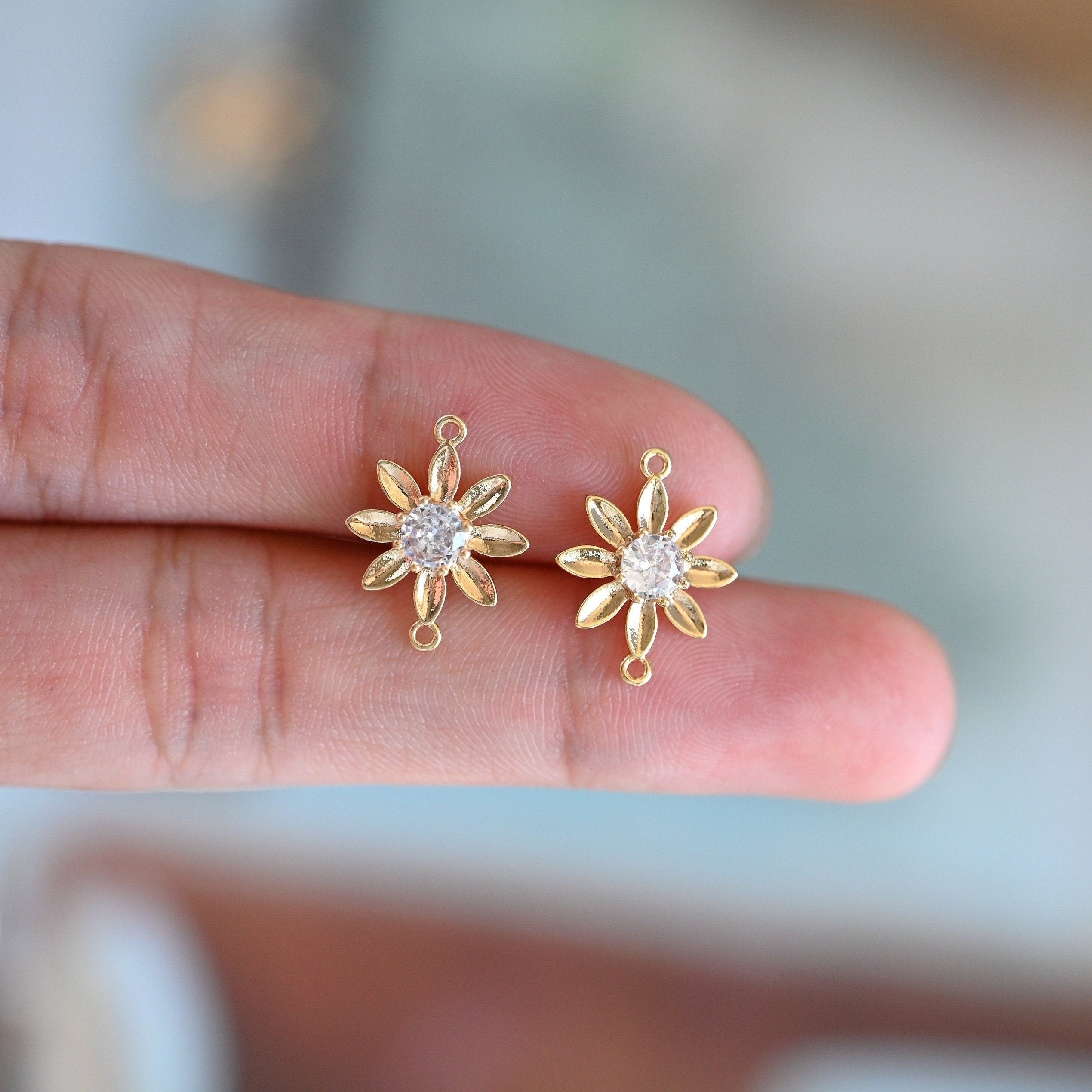 10pcs CZ Pave Gold Flower Charms 12x15mm, 18K Gold plated Brass, Floral Connector Pendants (GB-3780-I)