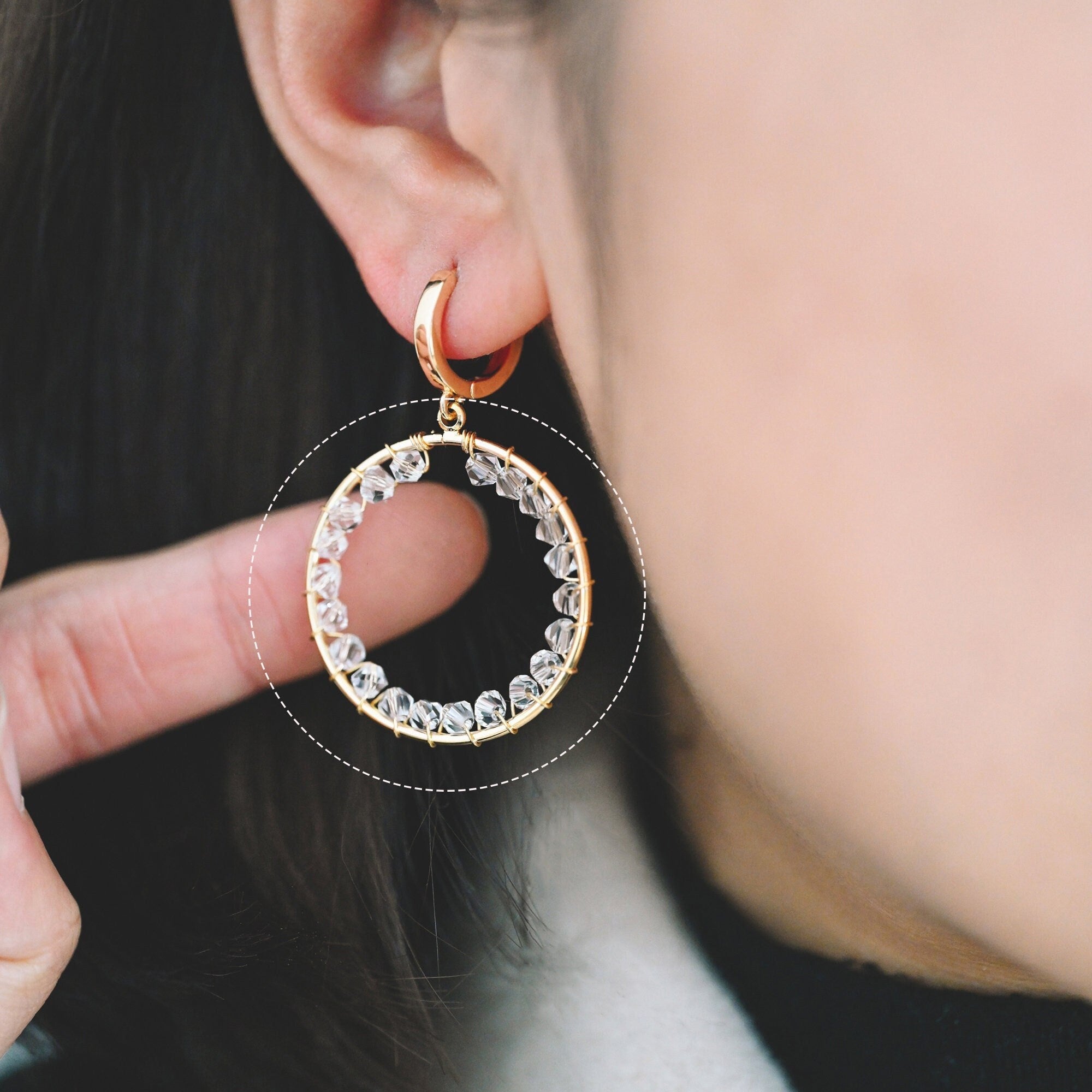 10pcs Gold Beaded 31x33mm Round Loop Charms, Wired Crystal Beads Geometric Hoop Pendants, Dangle Earring Components (GB-708)