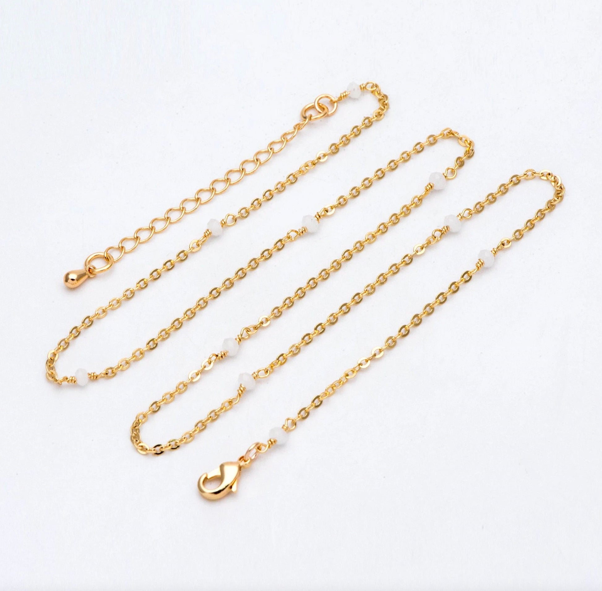 Black/ Grey/ White Crystal Bead Chains, Finished Bracelet/ Anklet/ Necklace with Extender Chain, Gold plated Brass, Ready to Wear (#LK-145)