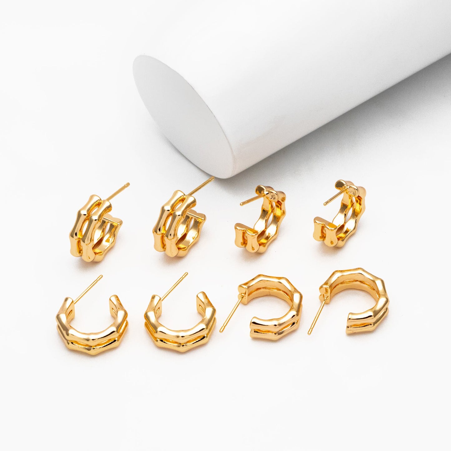 4pcs Gold Double Band Bamboo Earrings, Round Earring Hooks, Circle Hoop Earrings (GB-4362)
