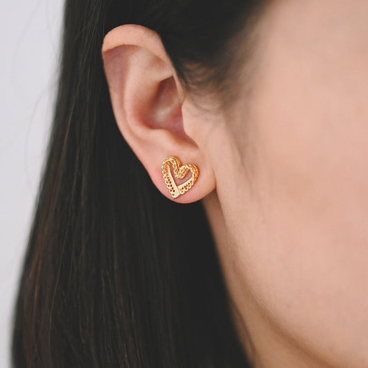 10pcs Gold Heart Earring Posts, Filigree Ear Wire Stud Earring 12mm (GB-580)