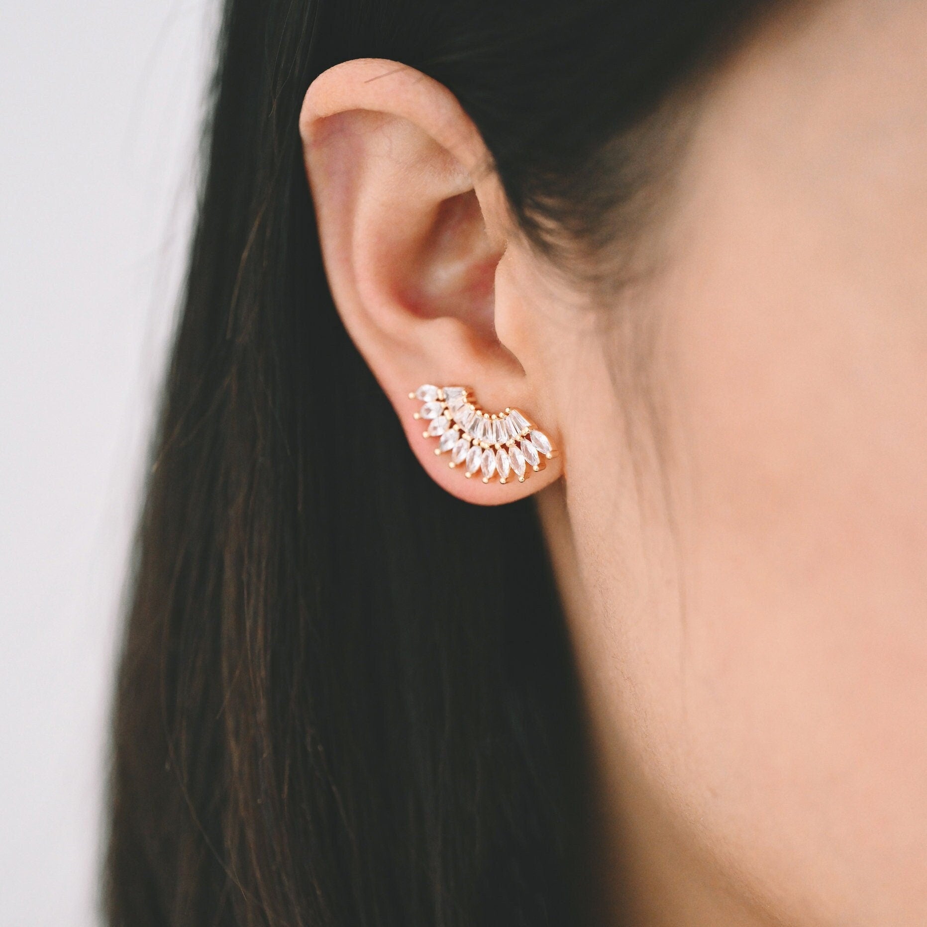 4pcs CZ Pave Fan Shaped Earrings, Real Gold Plated Fan Stud Earrings (#GB-3929)