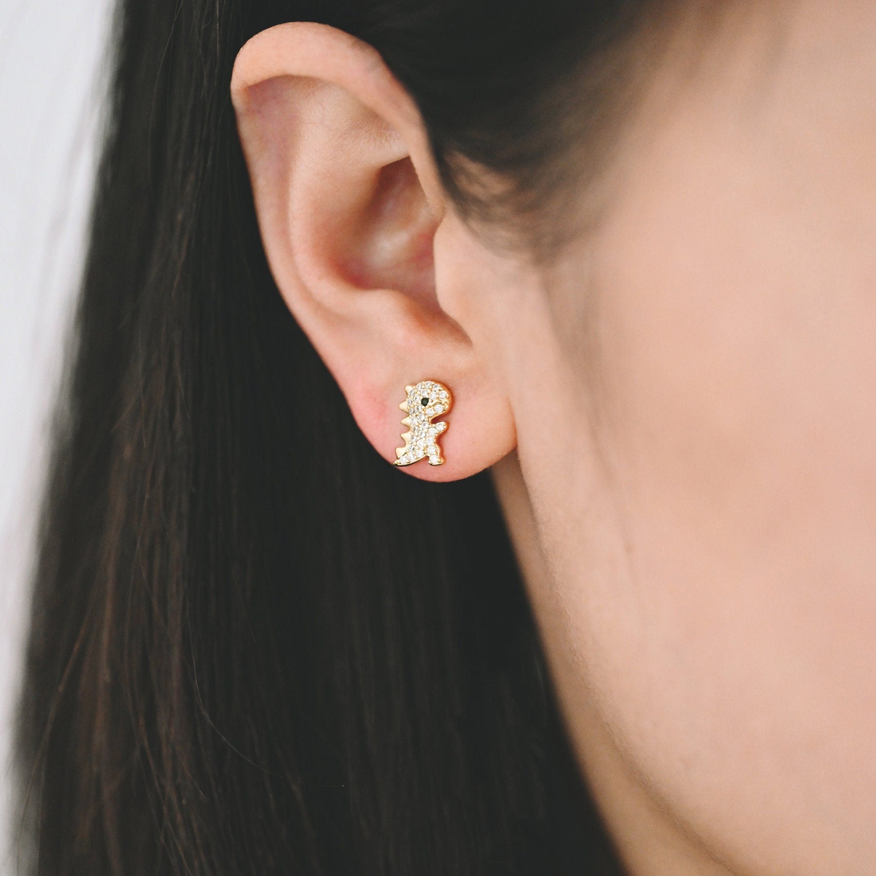 4pcs CZ Pave Gold Dinosaur Earrings 10x7mm, Gold Plated Brass, Dainty Dinosaur Stud Earrings (GB-3967)