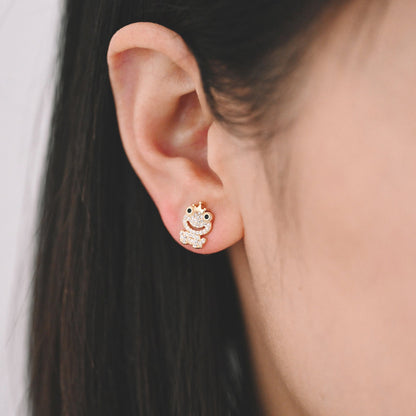 4pcs CZ Pave Gold Frog Prince Earrings 11x8mm, Gold Plated Brass, Cute Stud Earrings (GB-3968)
