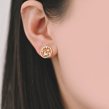 10pcs CZ Pave Gold/ Silver Moon and Star Earrings, Real Gold/ Rhodium Plated Brass, Round Stud Earrings (GB-4321)