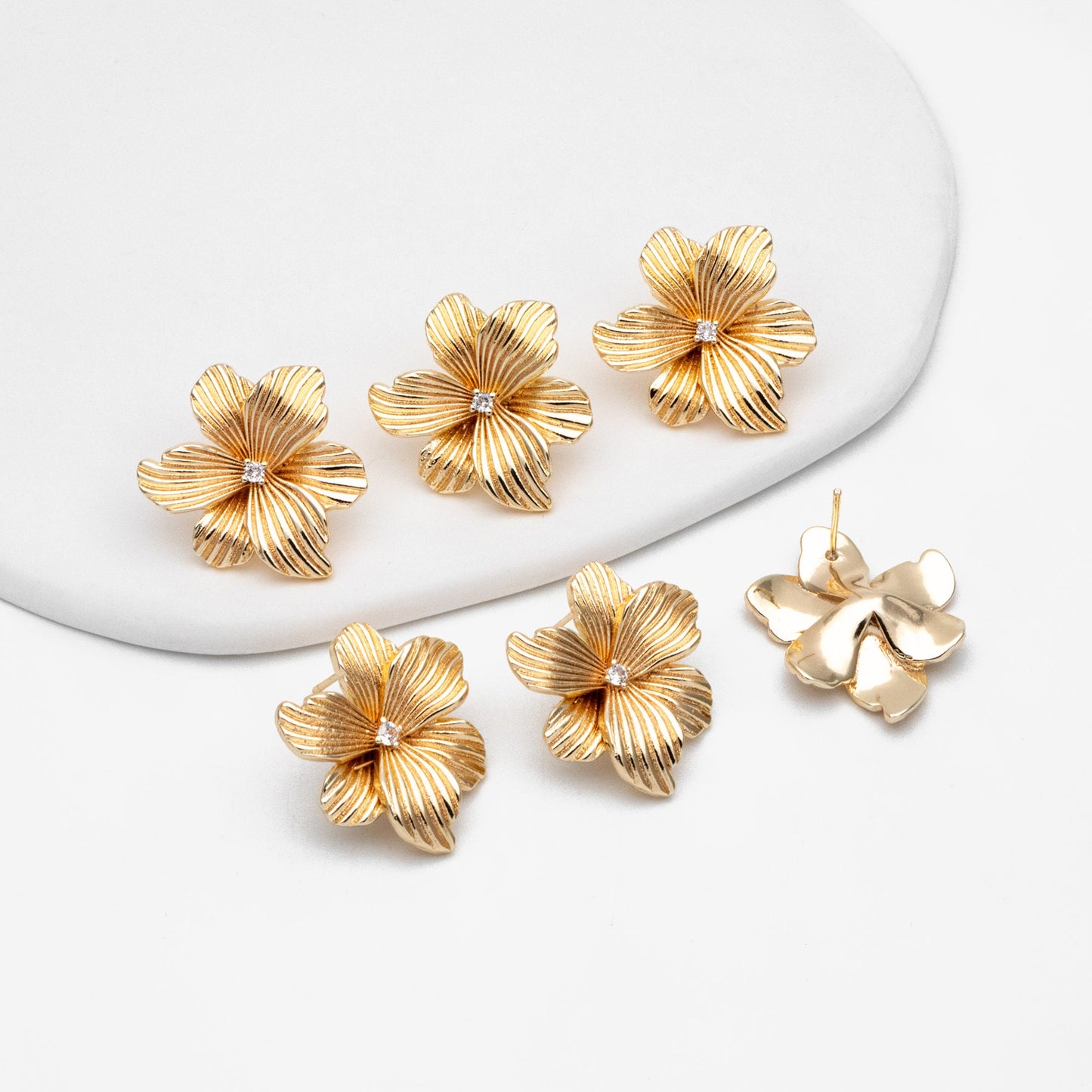 4pcs CZ Pave Gold Flower Stud Earrings, Gold Plated Brass, Dainty Flower Earrings (GB-4348)