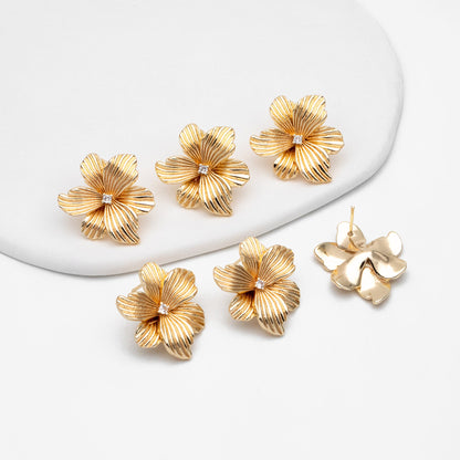 4pcs CZ Pave Gold Flower Stud Earrings, Gold Plated Brass, Dainty Flower Earrings (GB-4348)