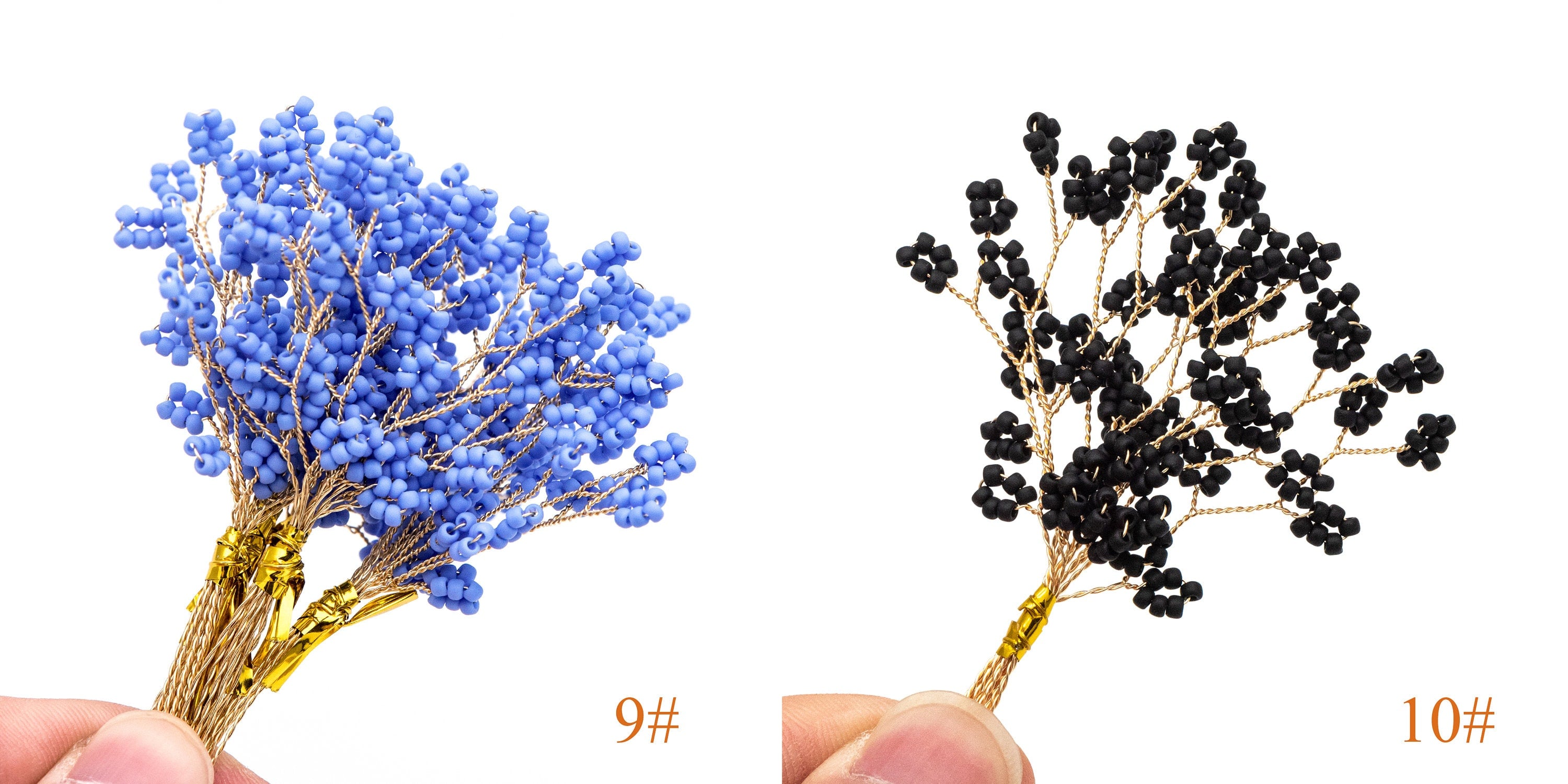 10pcs Beaded Leaf Sprigs on Gold Wire, Flower Tassel Hair Accessories, Seed Glass Beads Branch (FB-050)