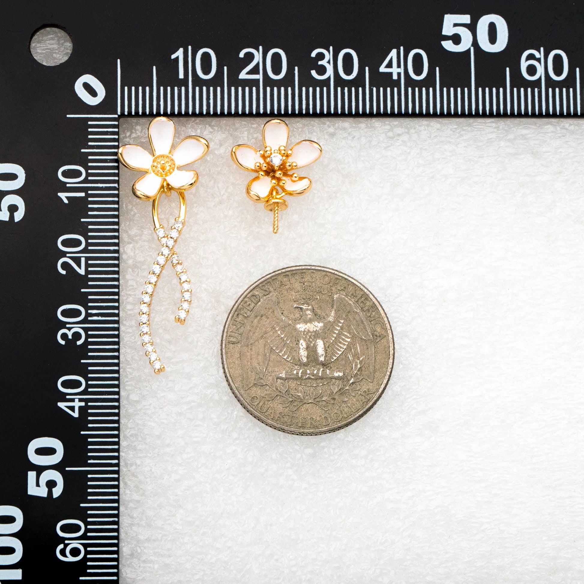 4pcs CZ Pave Gold Enamel Flower Asymmetry Earrings, Pearl Peg Earring Mounts, Half Drilled Pearl Earring Settings (GB-4356)