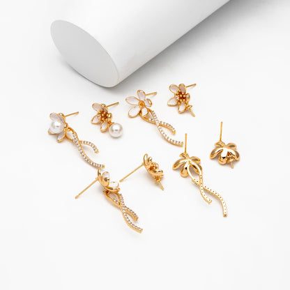 4pcs CZ Pave Gold Enamel Flower Asymmetry Earrings, Pearl Peg Earring Mounts, Half Drilled Pearl Earring Settings (GB-4356)