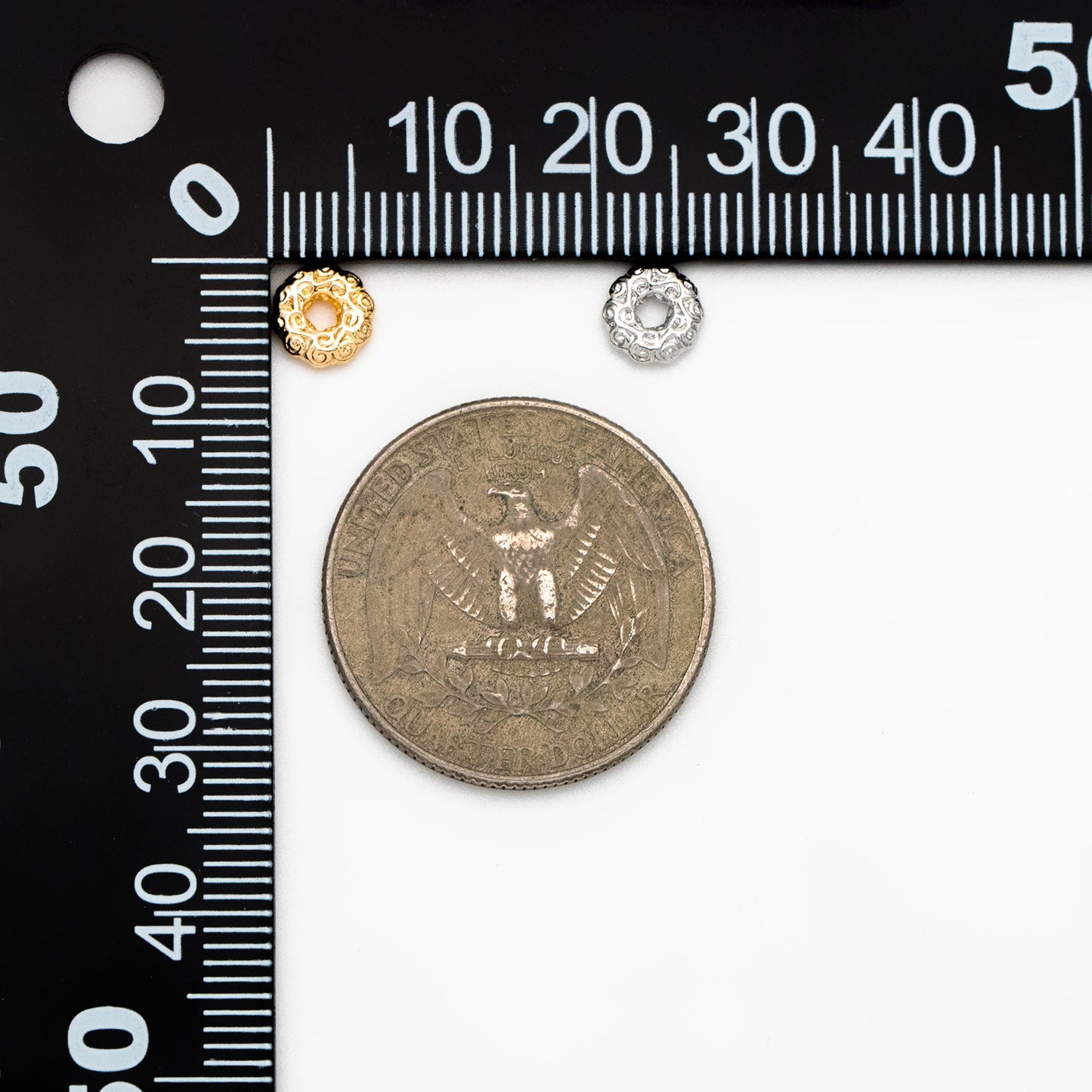 10pcs Gold/ Silver Tone Round Patterned Spacer Beads 6mm, Real Gold/ Rhodium plated Brass Flower Spacer Beads (GB-4365)