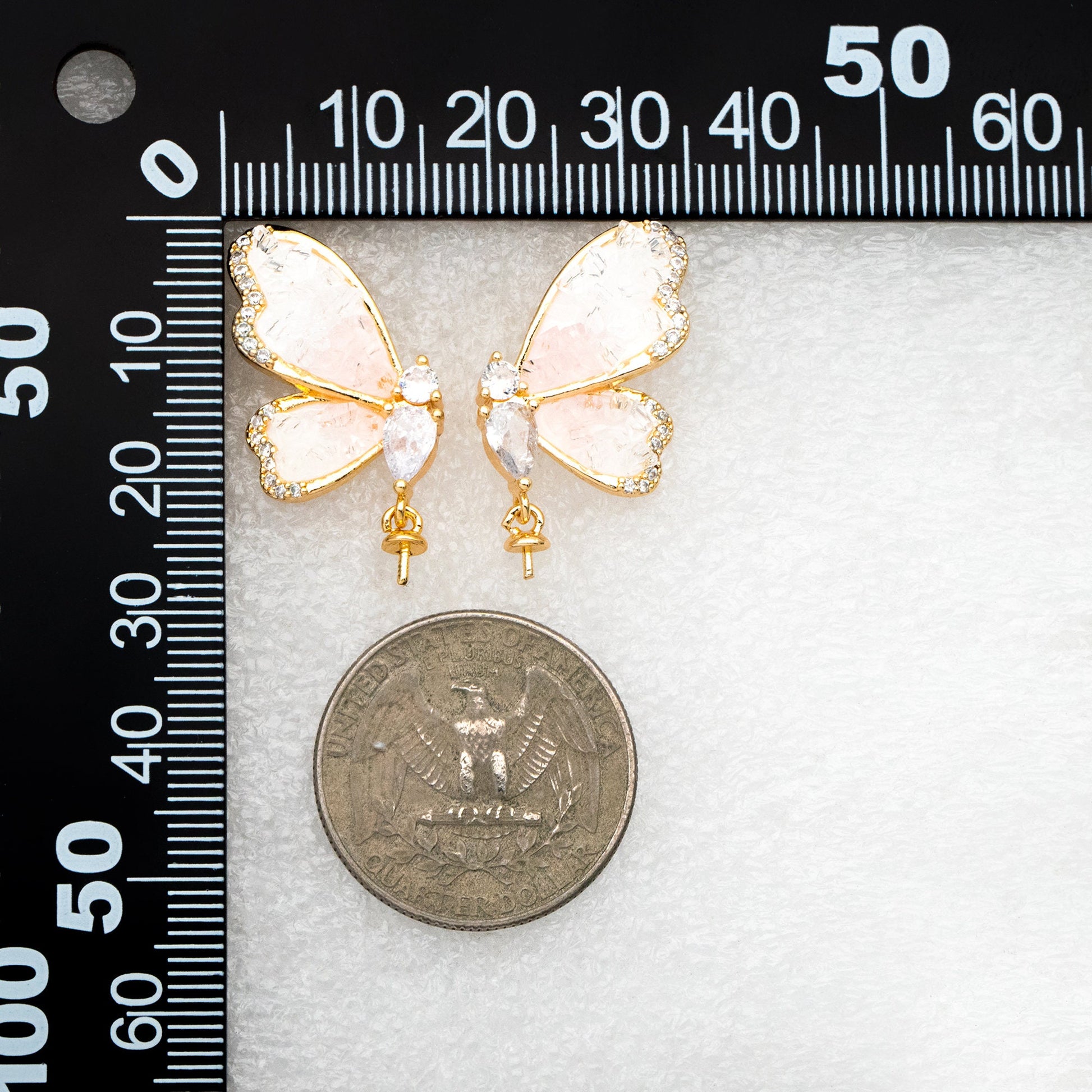 4pcs CZ Pave Gold Crystal Butterfly Earrings With Pearl Peg Earring Mounts, Half Drilled Pearl Earring Settings (GB-4394)
