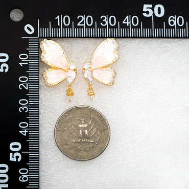 4pcs CZ Pave Gold Crystal Butterfly Earrings With Pearl Peg Earring Mounts, Half Drilled Pearl Earring Settings (GB-4394)