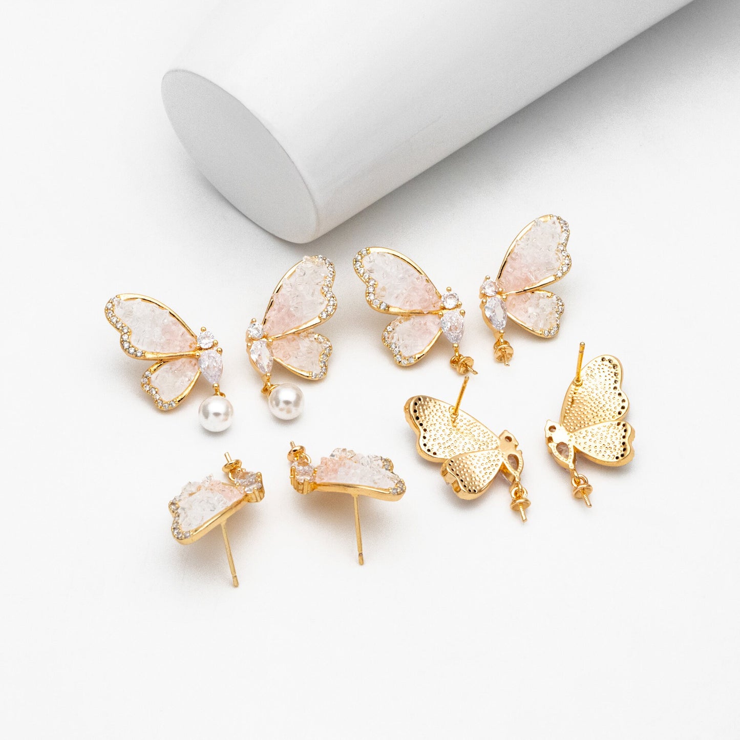 4pcs CZ Pave Gold Crystal Butterfly Earrings With Pearl Peg Earring Mounts, Half Drilled Pearl Earring Settings (GB-4394)