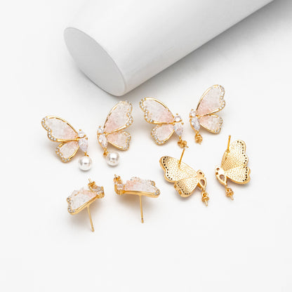 4pcs CZ Pave Gold Crystal Butterfly Earrings With Pearl Peg Earring Mounts, Half Drilled Pearl Earring Settings (GB-4394)