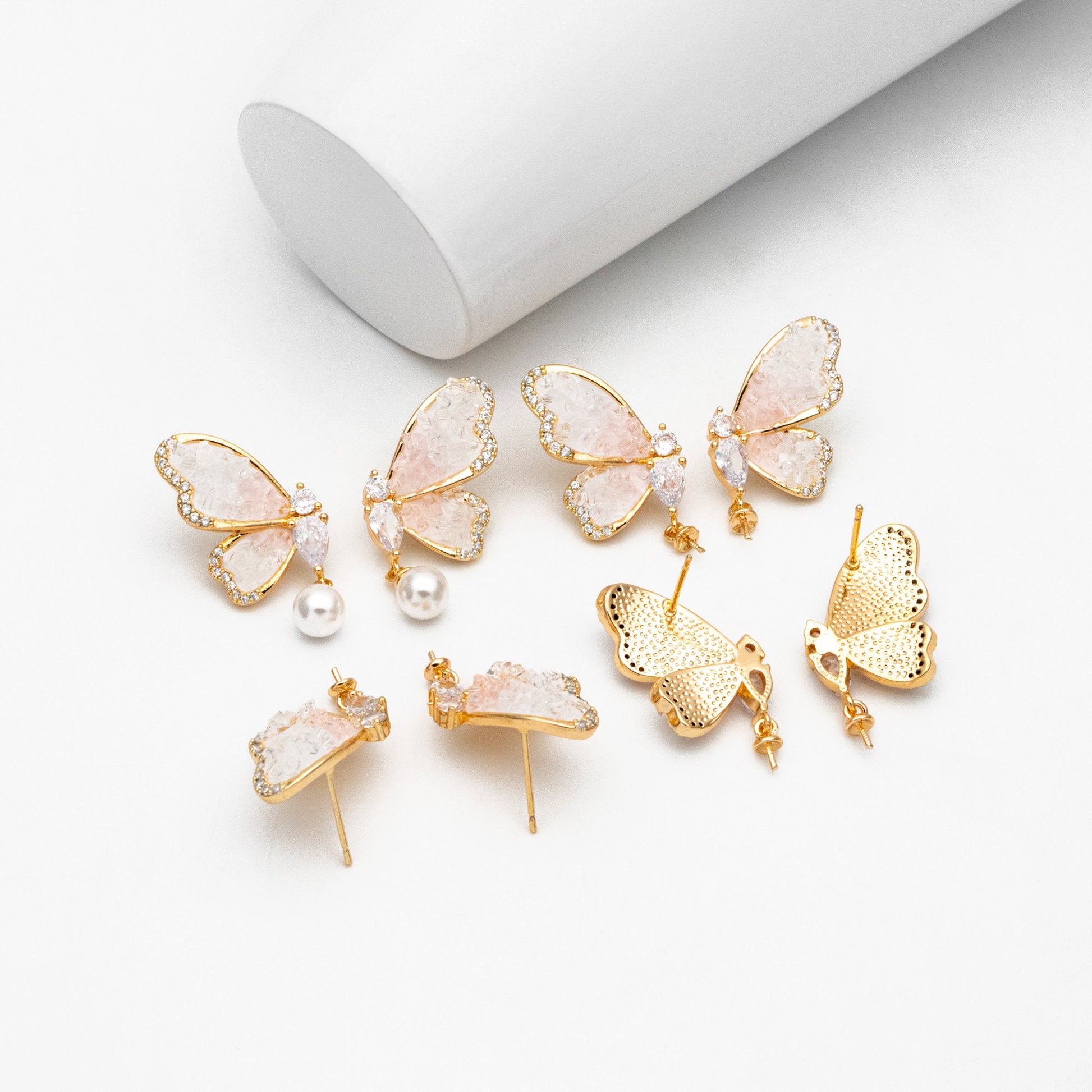 4pcs CZ Pave Gold Crystal Butterfly Earrings With Pearl Peg Earring Mounts, Half Drilled Pearl Earring Settings (GB-4394)