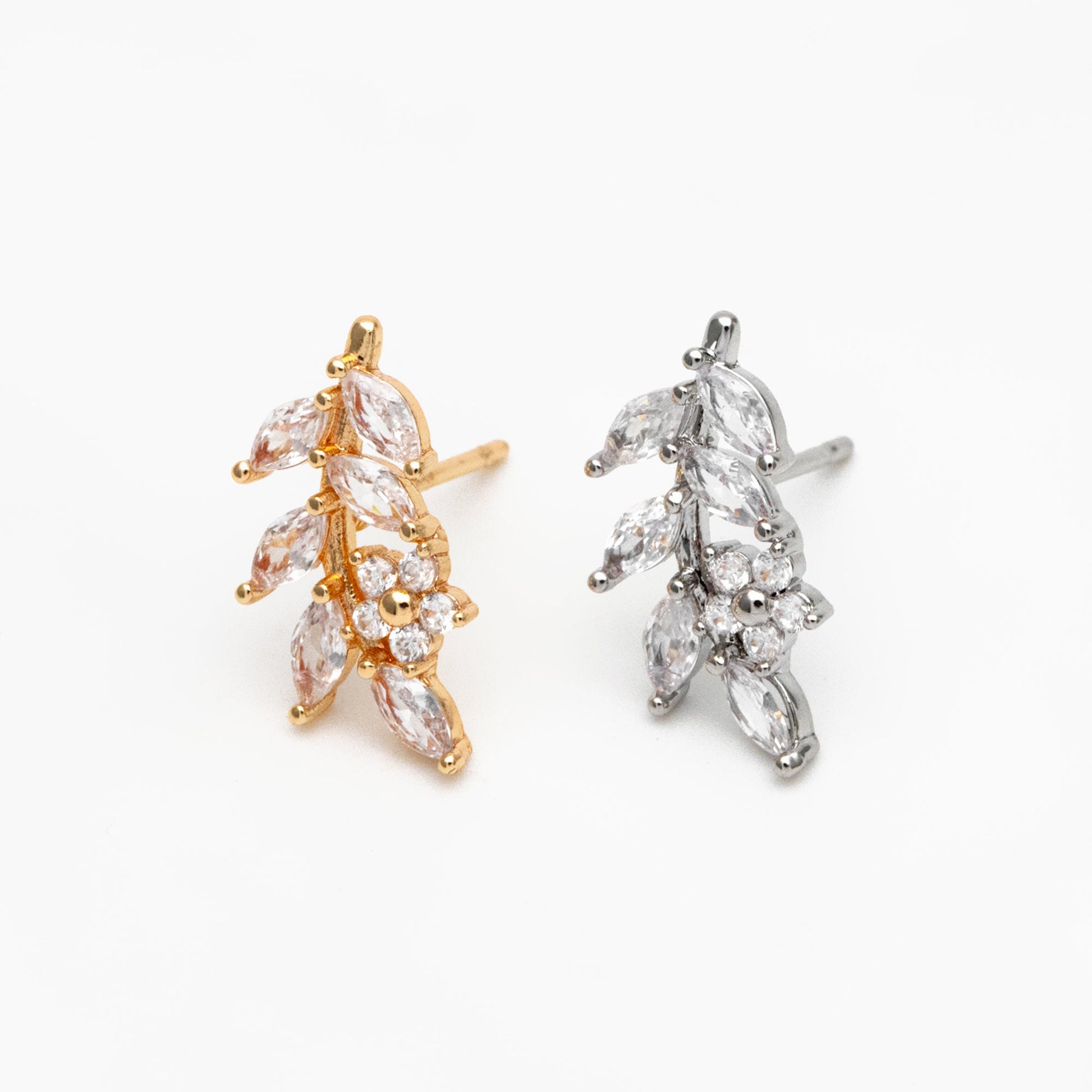 4pcs CZ Pave Gold/ Silver Leaf Earrings, 18K Real Gold/ Rhodium Plated Brass, Dainty Flower Stud Earrings (GB-4354)