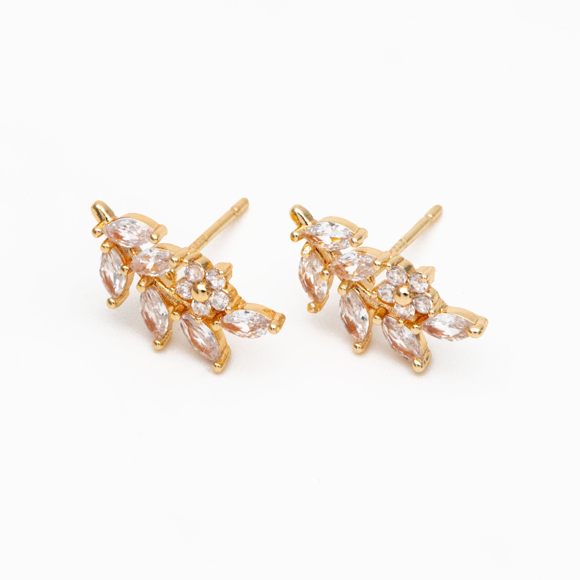 4pcs CZ Pave Gold/ Silver Leaf Earrings, 18K Real Gold/ Rhodium Plated Brass, Dainty Flower Stud Earrings (GB-4354)