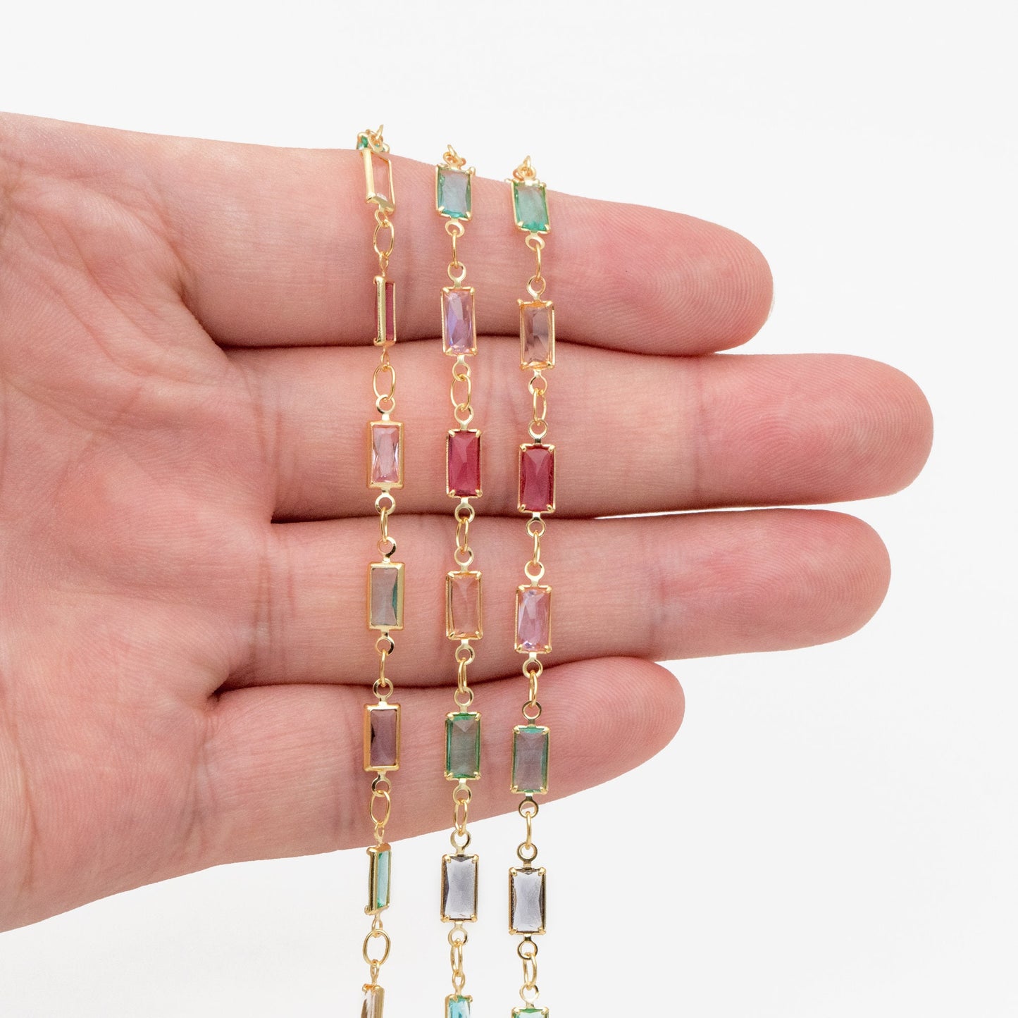 Gold Plated Beaded Chain: Mix Rainbow Color Crystal Rectangle Link (1 Meter=3.3 feet) (LK-609)