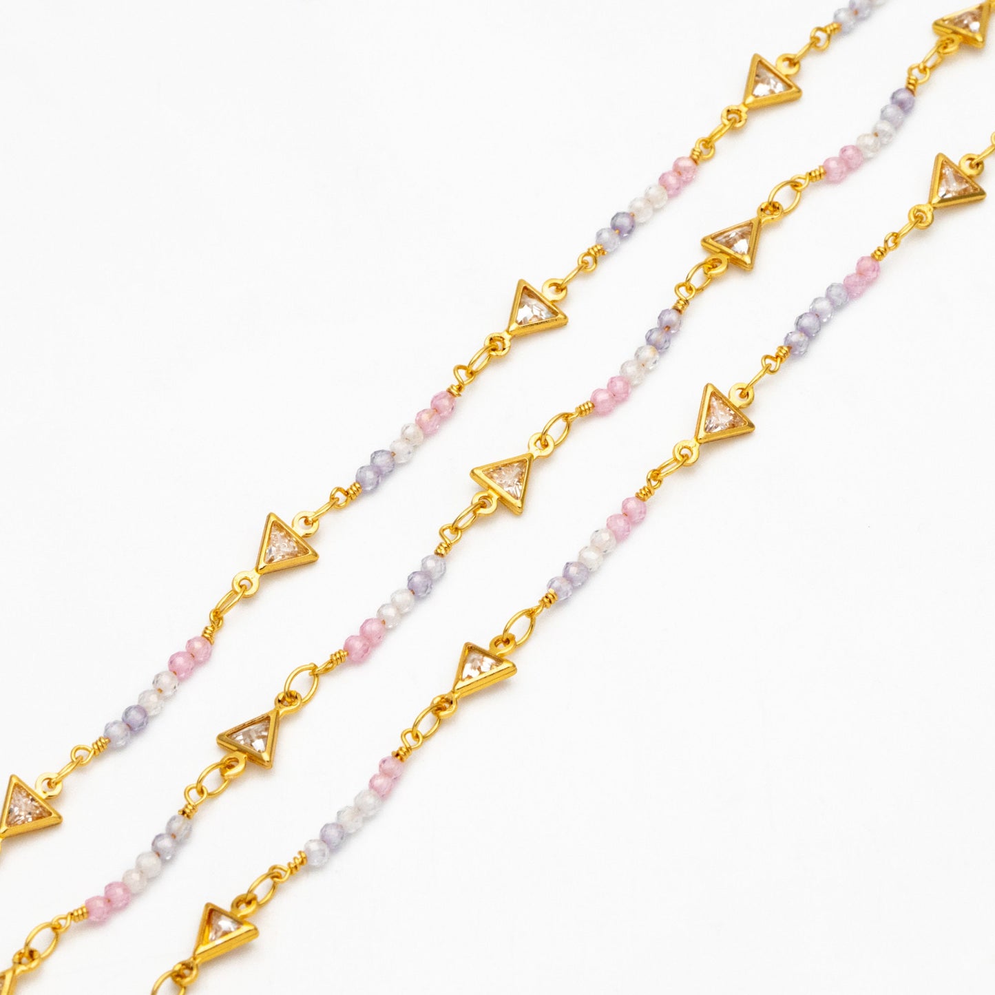 18K Gold plated Beaded Chain, CZ pave Triangle Chain (#LK-610)/ 1 Meter=3.3 ft