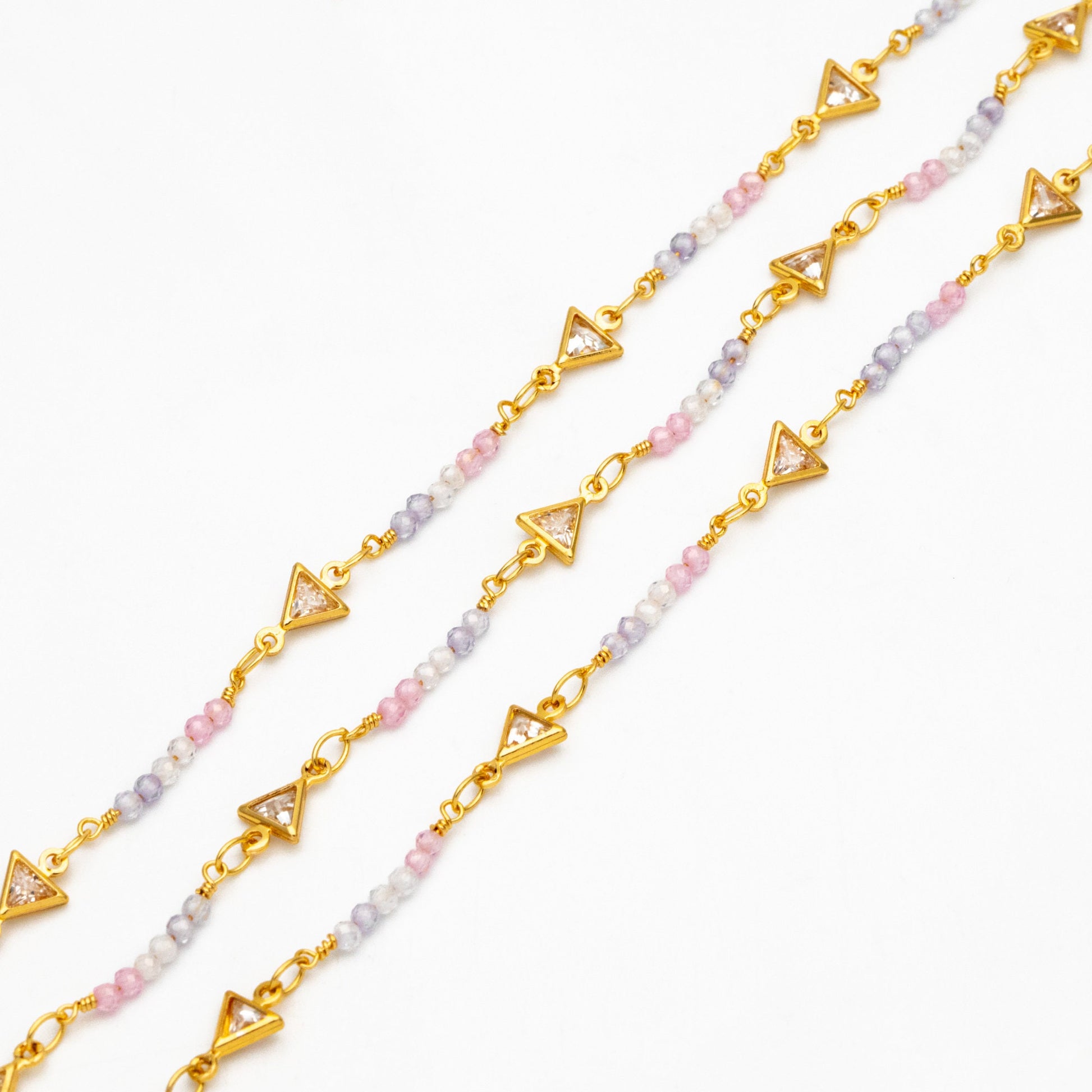 18K Gold plated Beaded Chain, CZ pave Triangle Chain (#LK-610)/ 1 Meter=3.3 ft