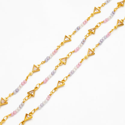 18K Gold plated Beaded Chain, CZ pave Triangle Chain (#LK-610)/ 1 Meter=3.3 ft