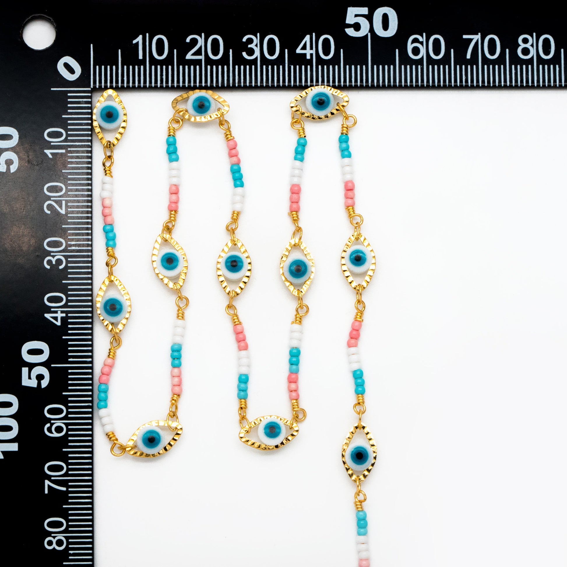 Gold Evil Eye Chain with Seed Beads, 18K Gold plated Brass, Designer Chain Wholesale (#LK-611)/ 1 Meter=3.3 ft