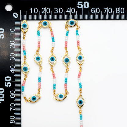 Gold Evil Eye Chain with Seed Beads, 18K Gold plated Brass, Designer Chain Wholesale (#LK-611)/ 1 Meter=3.3 ft