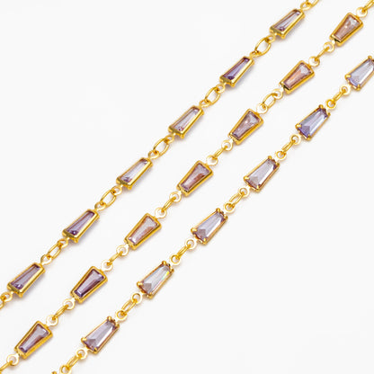 Lavender Trapezium Cubic Zirconia Chain, Trapezoid Shape Gold Chain, For Jewelry Making (#LK-614)/ 1 Meter=3.3 ft