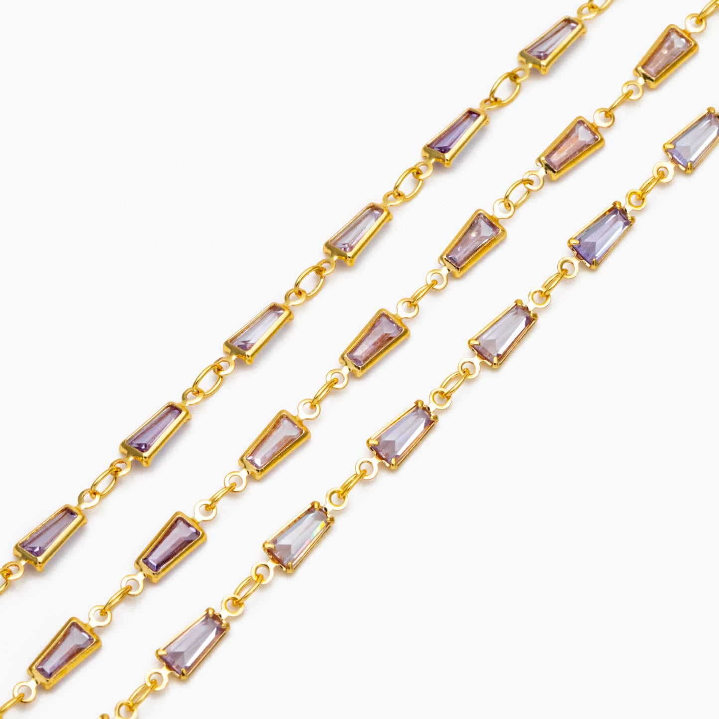 Lavender Trapezium Cubic Zirconia Chain, Trapezoid Shape Gold Chain, For Jewelry Making (#LK-614)/ 1 Meter=3.3 ft