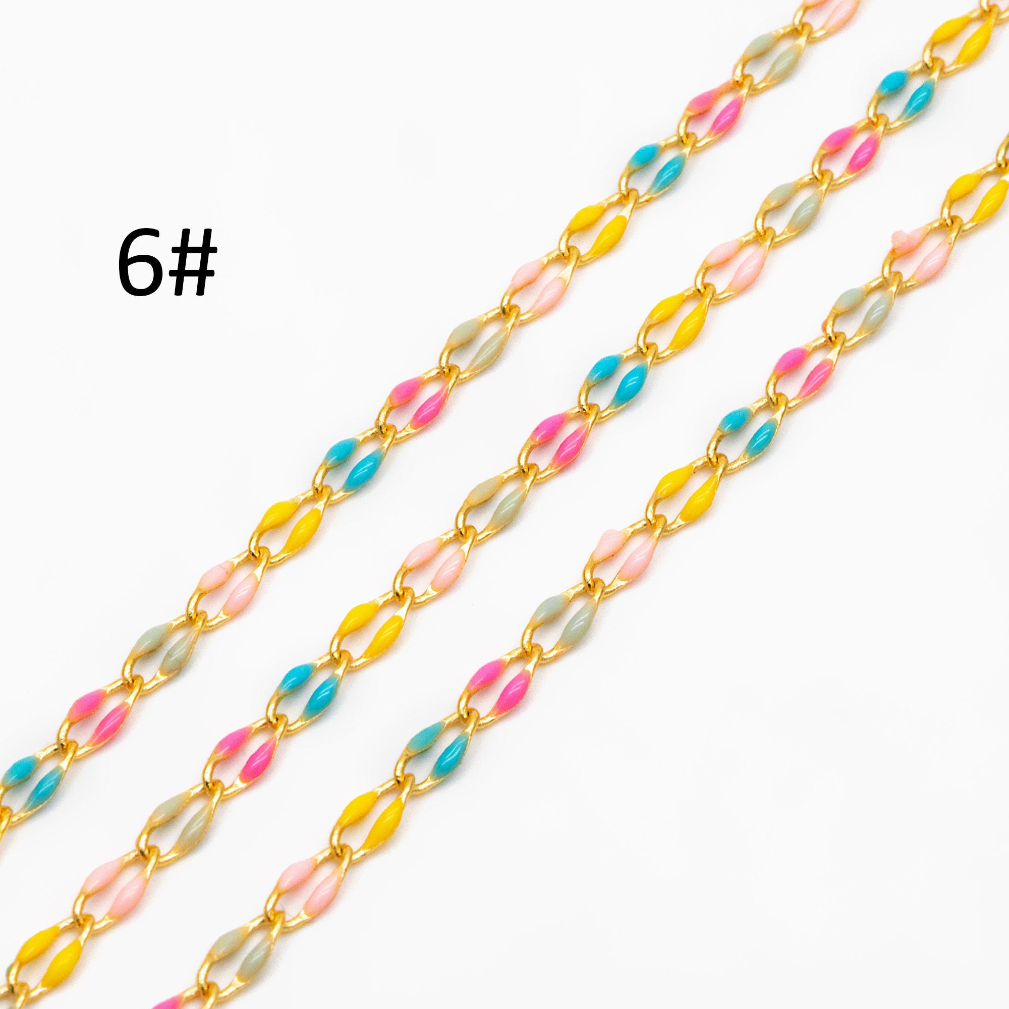 Mix Color Enamel Curb Chains 3mm, Real Gold Plated Brass, DIY Jewelry Findings (#LK-606)/ 1 Meter=3.3 ft