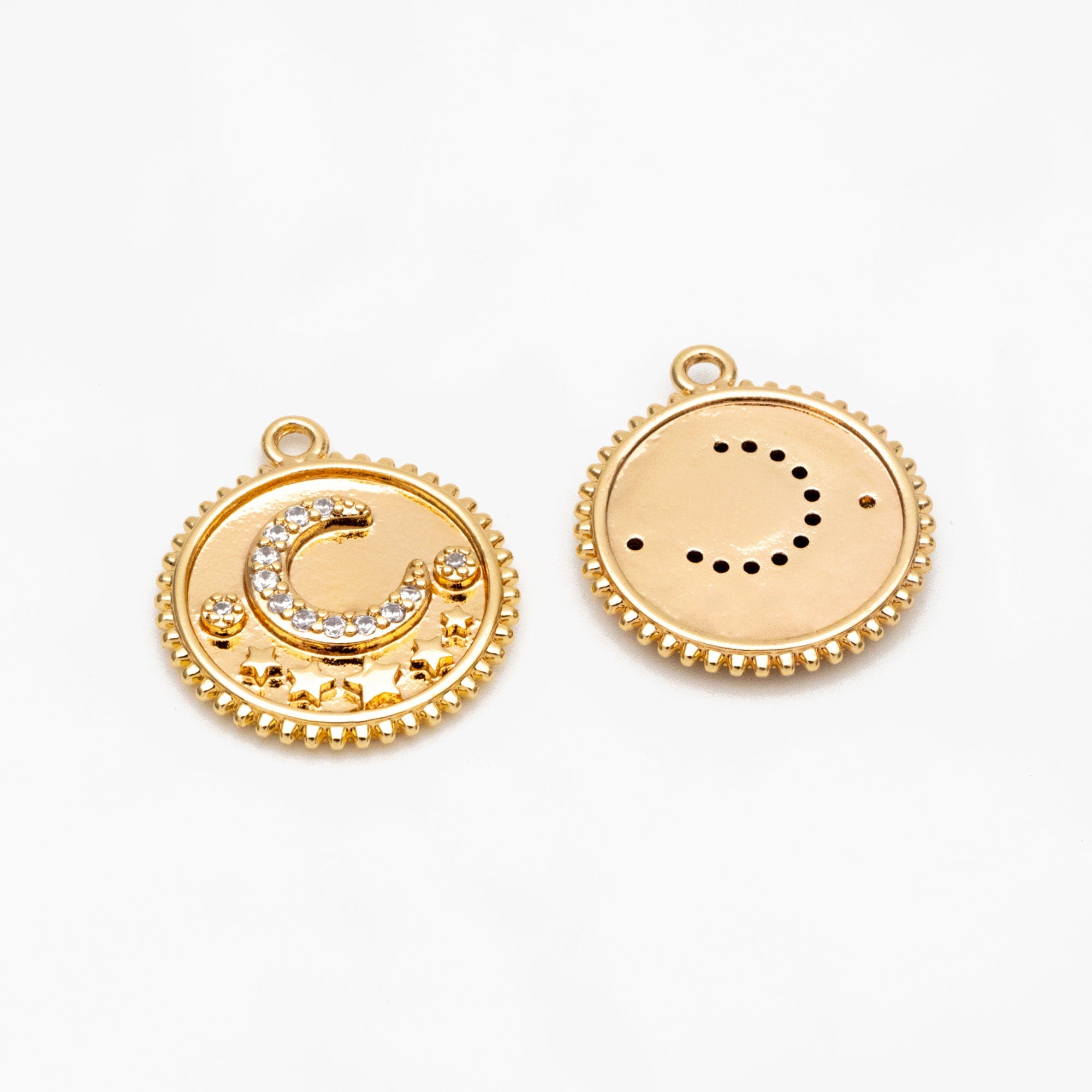 4pcs CZ Pave Gold Round Moon Star Charms, 18K Gold plated Brass, Disk Pendants (GB-2394-A)