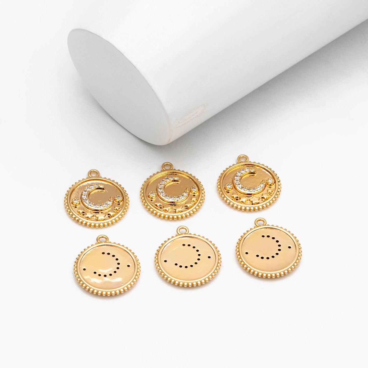 4pcs CZ Pave Gold Round Moon Star Charms, 18K Gold plated Brass, Disk Pendants (GB-2394-A)