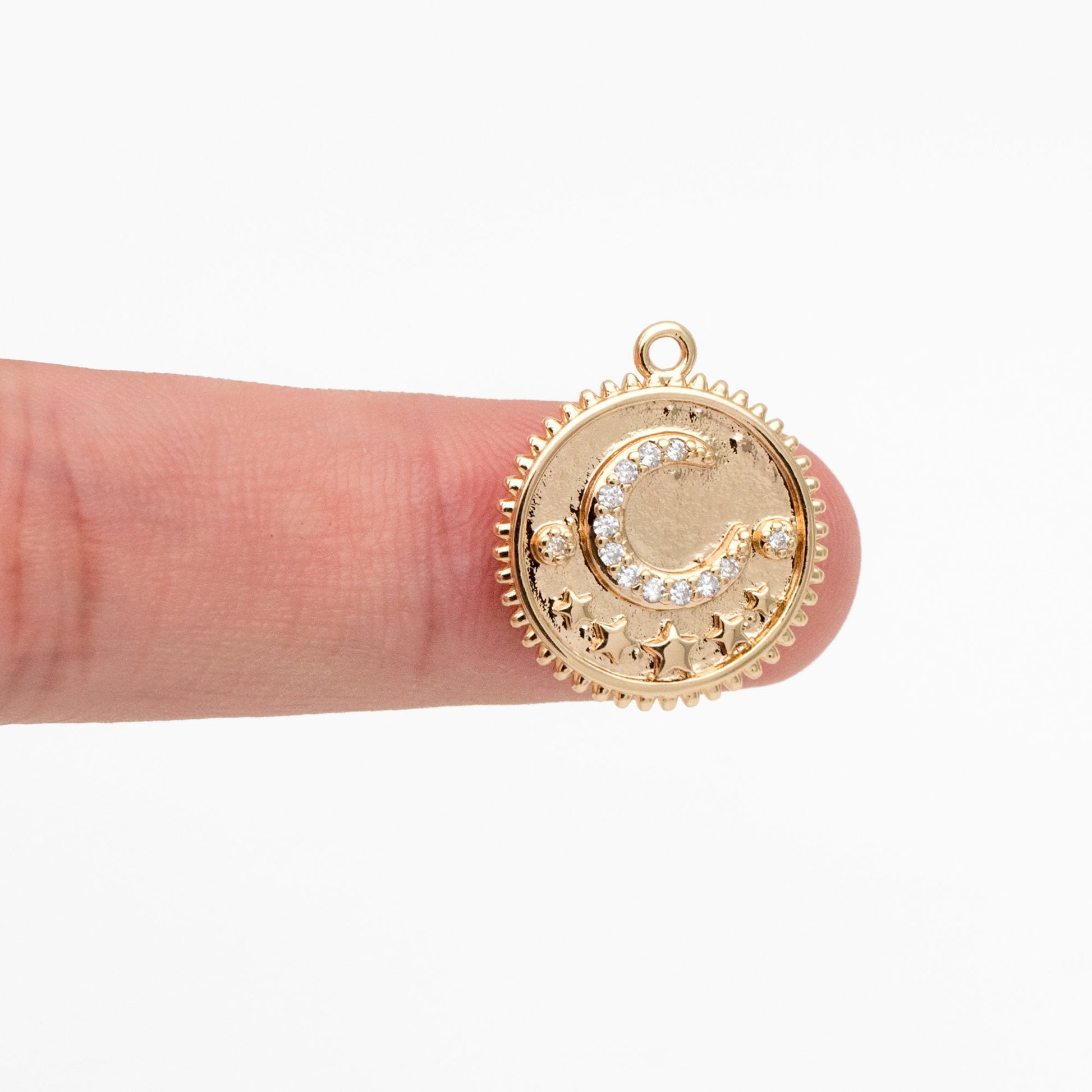 4pcs CZ Pave Gold Round Moon Star Charms, 18K Gold plated Brass, Disk Pendants (GB-2394-A)