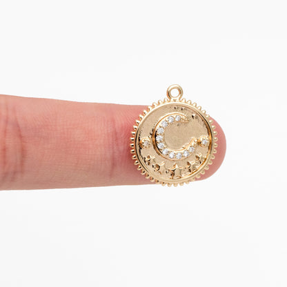 4pcs CZ Pave Gold Round Moon Star Charms, 18K Gold plated Brass, Disk Pendants (GB-2394-A)