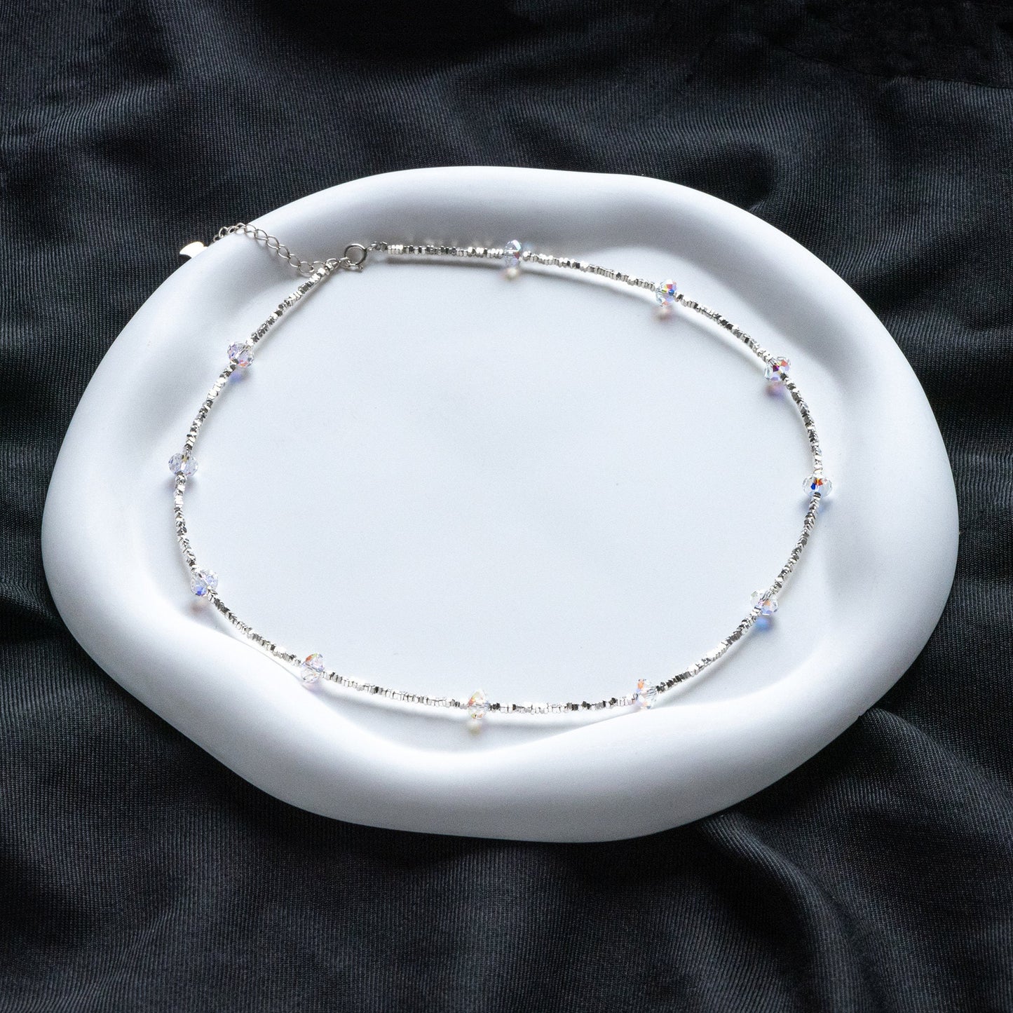 Sterling Silver Square Beaded Necklaces, 1.6mm Silver Bead Chain with 6mm Rondelle Crystal, Ready to Wear (CY-054)