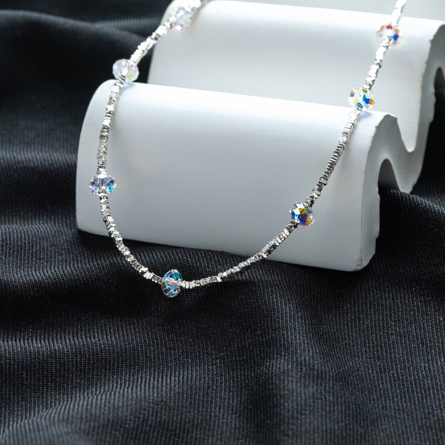 Sterling Silver Square Beaded Necklaces, 1.6mm Silver Bead Chain with 6mm Rondelle Crystal, Ready to Wear (CY-054)