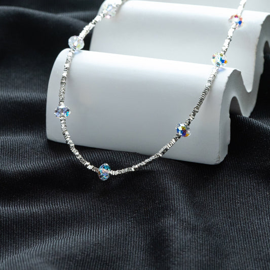 Sterling Silver Square Beaded Necklaces, 1.6mm Silver Bead Chain with 6mm Rondelle Crystal, Ready to Wear (CY-054)