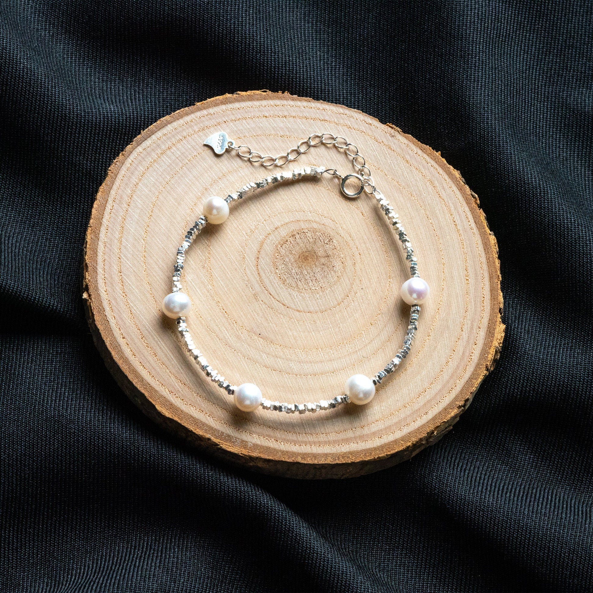 Sterling Silver Beaded Bracelet with Natural Pearls, Adjustable Solid .925 Silver Bracelets (CY-055)