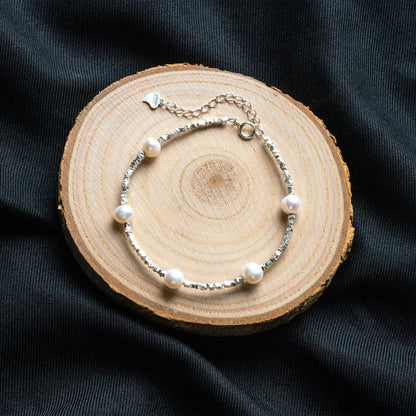 Sterling Silver Beaded Bracelet with Natural Pearls, Adjustable Solid .925 Silver Bracelets (CY-055)