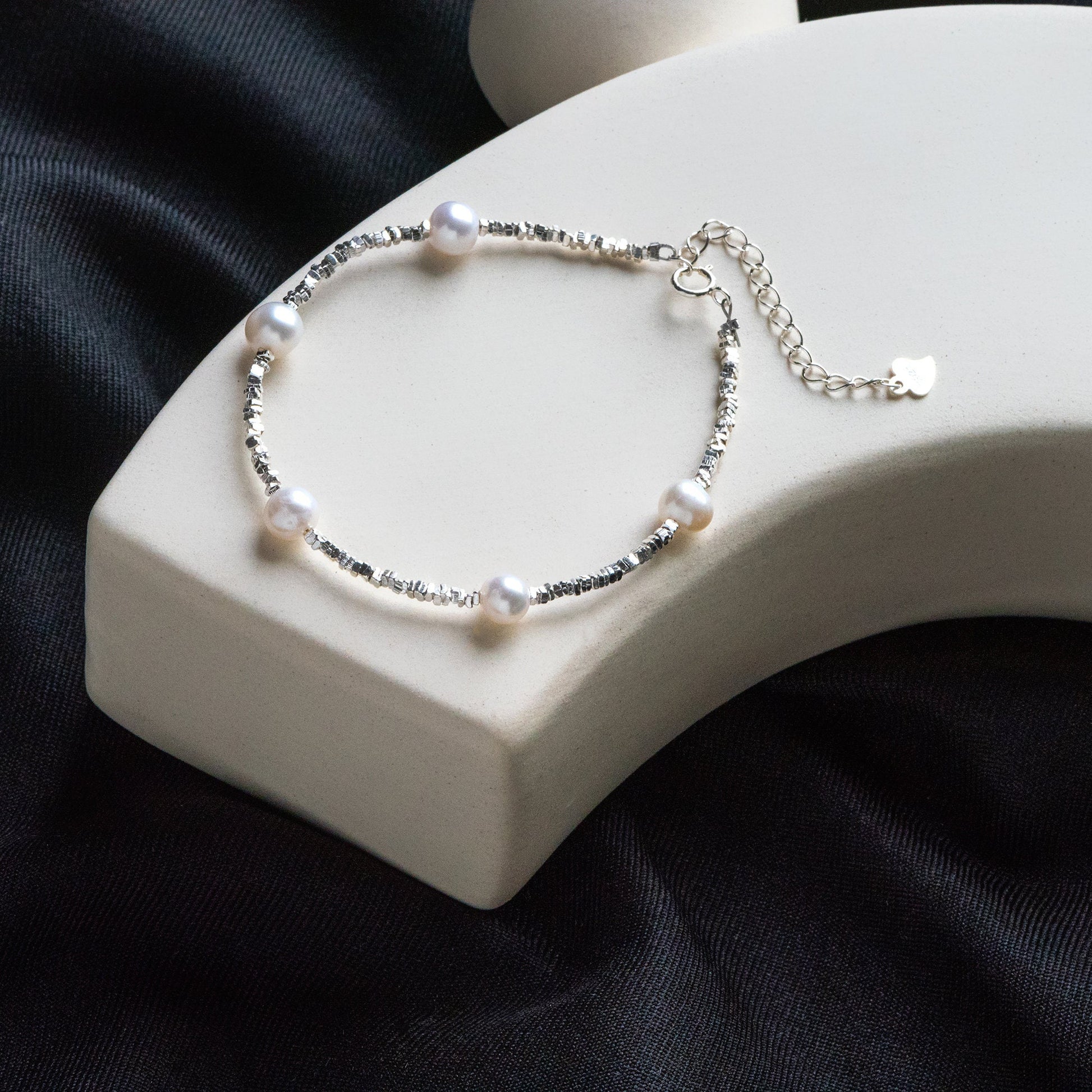 Sterling Silver Beaded Bracelet with Natural Pearls, Adjustable Solid .925 Silver Bracelets (CY-055)
