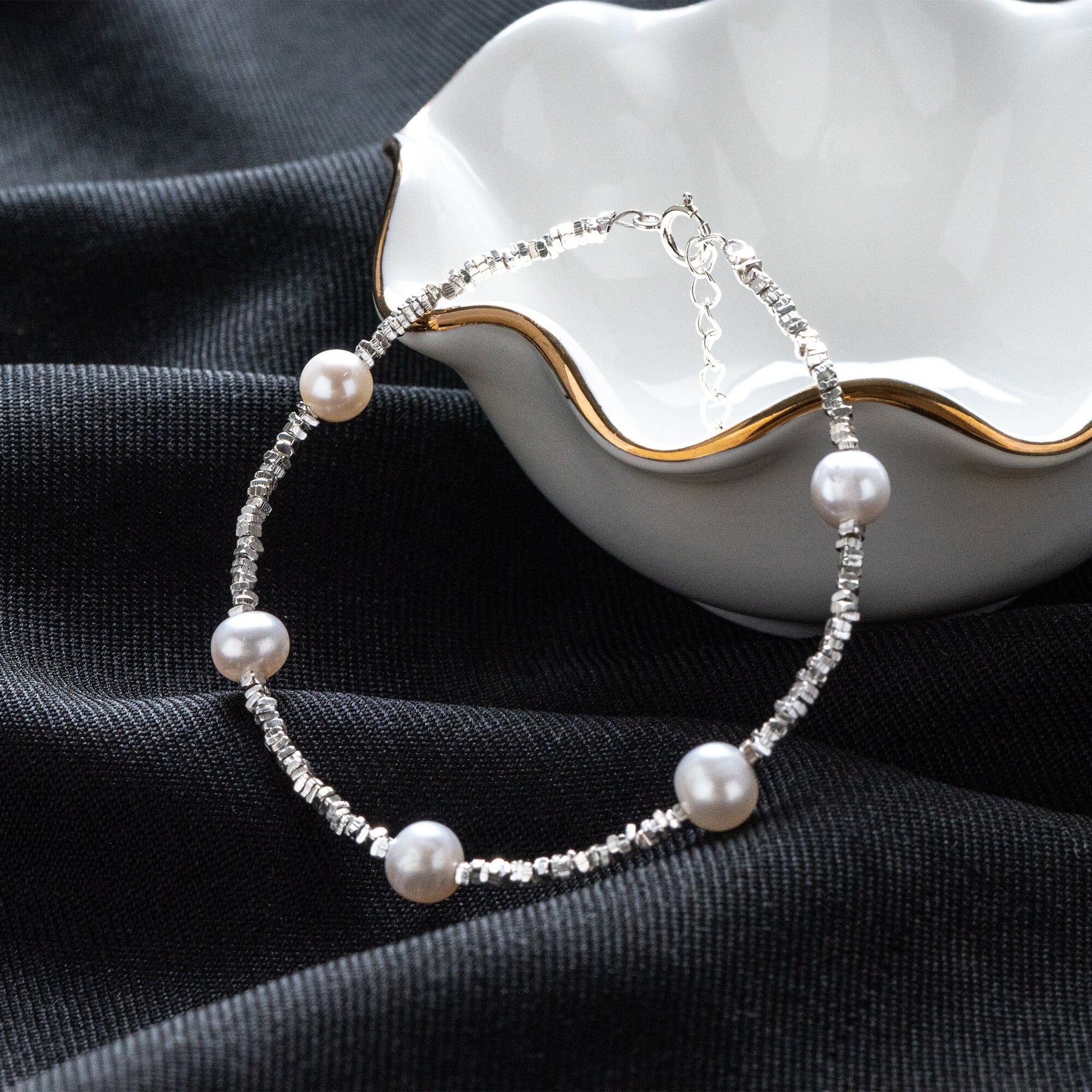Sterling Silver Beaded Bracelet with Natural Pearls, Adjustable Solid .925 Silver Bracelets (CY-055)