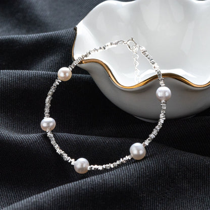 Sterling Silver Beaded Bracelet with Natural Pearls, Adjustable Solid .925 Silver Bracelets (CY-055)