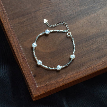Sterling Silver Beaded Bracelet with Natural Pearls, Adjustable Solid .925 Silver Bracelets (CY-055)