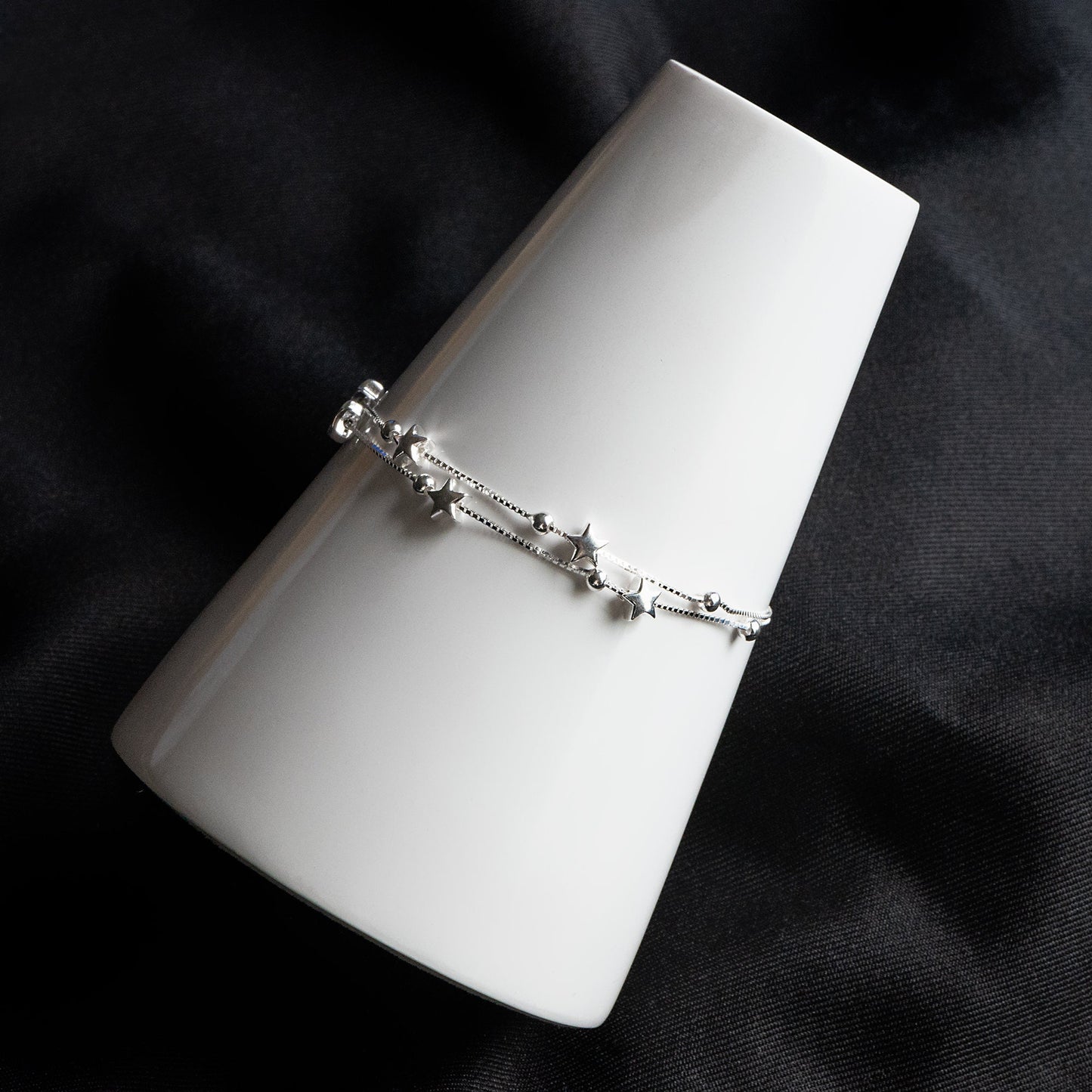 Sterling Silver Double Layer Star Bracelet, .925 Silver Adjustable Bracelet, Dainty Bracelet (CY-056)
